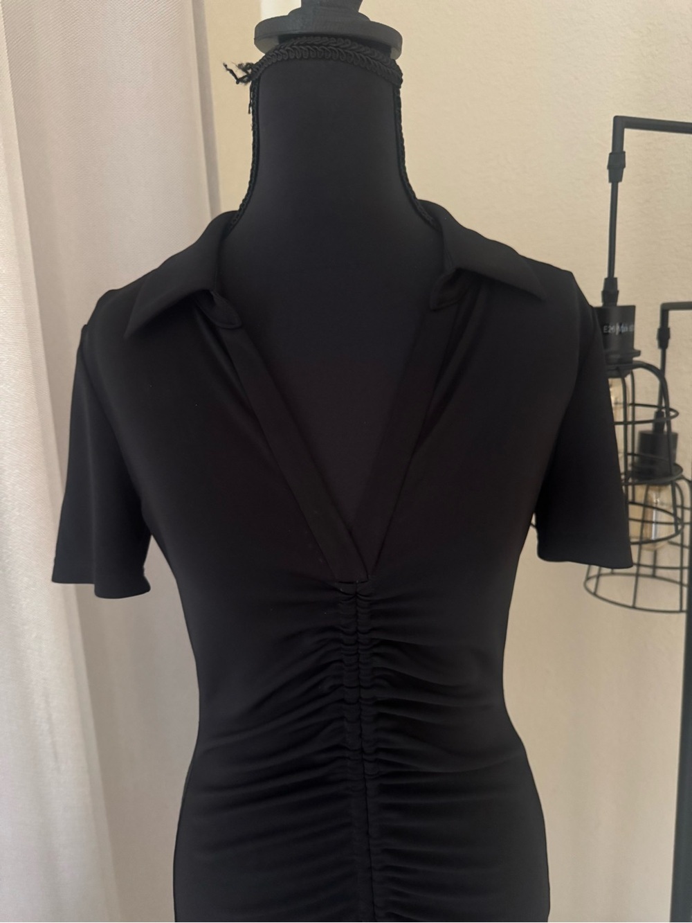 Alice + Olivia Marsha Ruched Polo Mini Dress Black XS TP Bodycon Collared - Picture 4 of 8